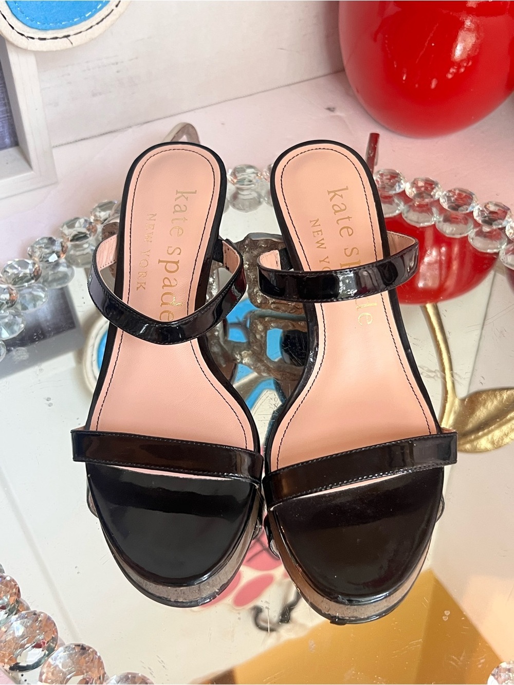 kate spade Black Patent Leather Two-Strap Slide Heels size 7 B